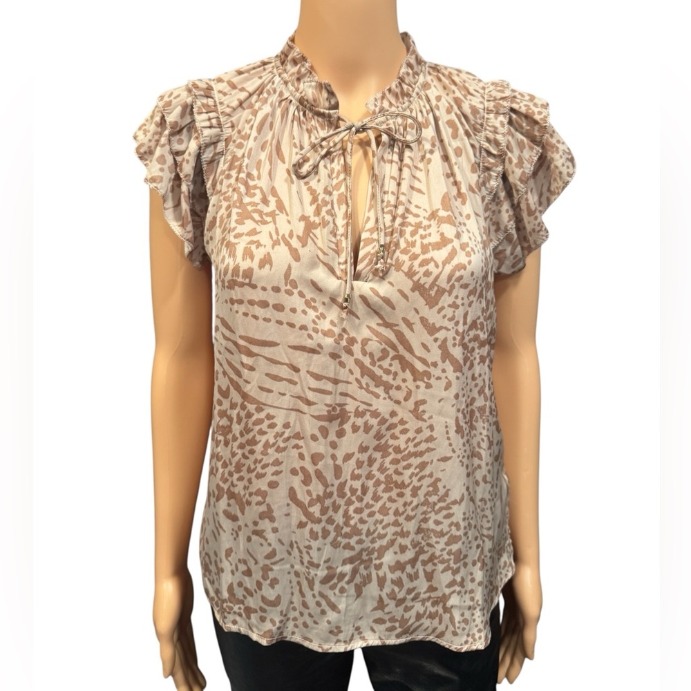 PHILOSOPHY Double Ruffle Flutter Front Tie Cap Sleeve Animal Print Blouse NWT XS